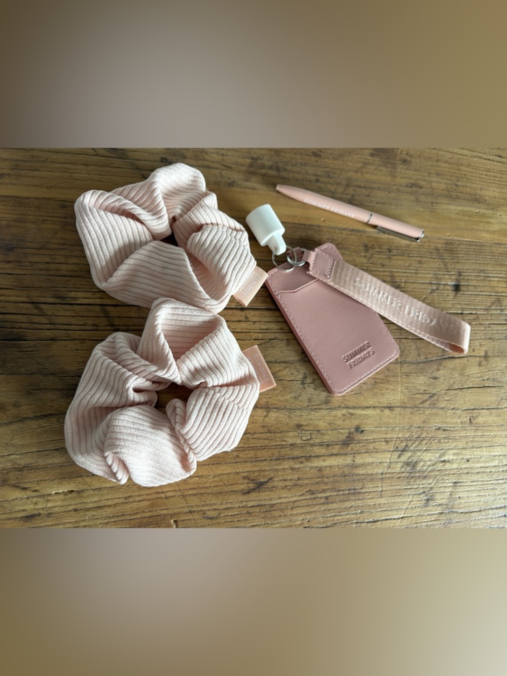 Summer Fridays (Two) Soft Pink Ribbed Scrunchies with Pink Luggage Tag & Pen